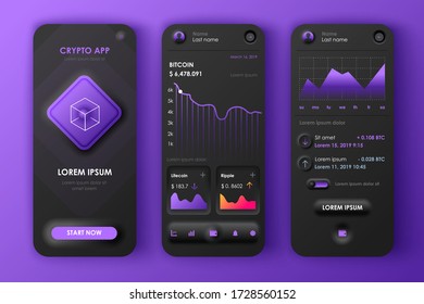 Cryptocurrency unique neumorphic design kit for mobile app neumorphism style. Bitcoin mining screens with charts. Cryptocurrency platform UI, UX templates. GUI for responsive mobile application.