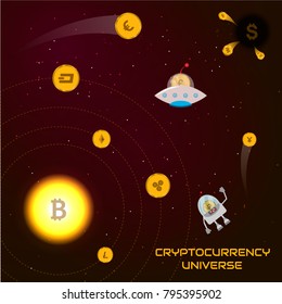 Cryptocurrency universe concept. Cryptocoins in the form of planets. 