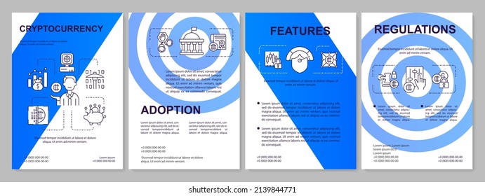 Cryptocurrency usage blue brochure template. Regulations and features. Leaflet design with linear icons. 4 vector layouts for presentation, annual reports. Arial, Myriad Pro-Regular fonts used