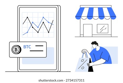 Cryptocurrency usage, e-commerce, BTC payments, financial charts, crypto retail, digital transactions. Graph on a mobile screen, storefront and shopper holding discount bags. Cryptocurrency usage