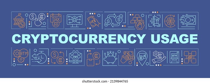 Crypto-currency usage word concepts dark blue banner. Crypto exchanges. Infographics with icons on color background. Isolated typography. Vector illustration with text. Arial-Black font used