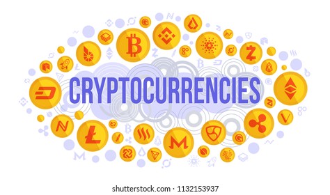 Cryptocurrency vector background - bitcoin, litecoin, ethereum, monero, ripple, zcash, dash, stratis, nem, featerhcoin, binance, namecoin, cardano, bitshares, bytecoin. 