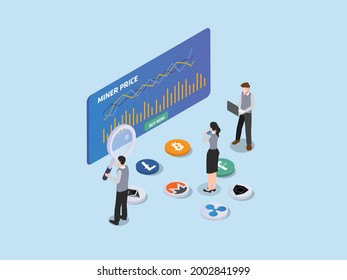 Cryptocurrency vector concept. Business people analyzing mining price graph with buy now button on the computer screen