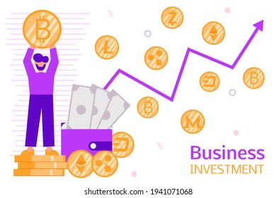 Cryptocurrency vector concept. Businessman analyzing a growth cryptocurrency graph. Man with bitcoin coin in hands, wallet and gold coin of zcash,dash,bitcoin, ethereum, ripple, monero and litecoin.