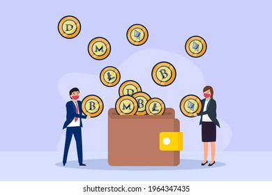 Cryptocurrency vector concept. Businessman and businesswoman savings cryptocurrency coins in a wallet