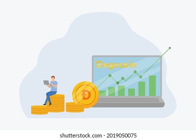 Concepto de vector criptodivisa. Empresario con Dogecoin y gráfico financiero creciente en el ordenador portátil