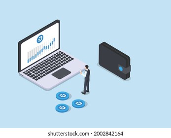 Cryptocurrency vector concept. Businessman looking at dogecoin price statistic on laptop screen while standing with wallet