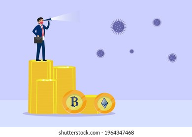 Cryptocurrency vector concept. Businessman standing on a stack of cryptocurrency coins while looking at virus with telescope