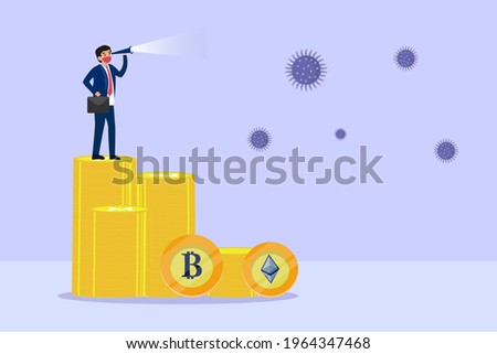 Cryptocurrency vector concept. Businessman standing on a stack of cryptocurrency coins while looking at virus with telescope