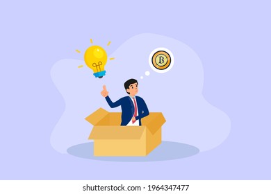 Cryptocurrency vector concept. Businessman thinking out the box with light bulb and bitcoin