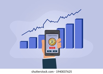 Cryptocurrency vector concept. Businessman using sell and buy bitcoins apps on cellphone with growth financial graph background