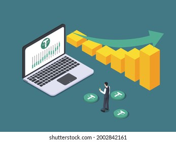 Cryptocurrency vector concept. Businessman using a laptop while standing with growth Tether price graph
