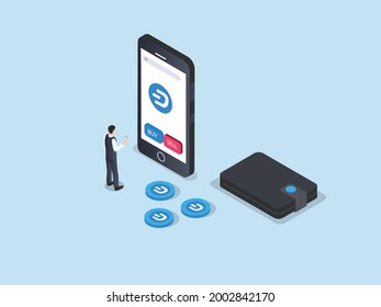 Cryptocurrency vector concept. Businessman using sell and buy Dogecoin apps on cellphone while standing with wallet