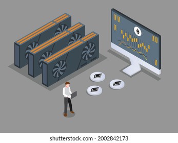Cryptocurrency vector concept. Businessman using laptop to mining Ethereum while standing with statistic graph on computer screen