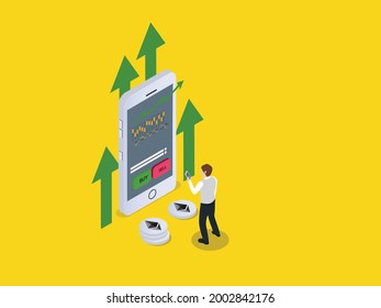 Cryptocurrency vector concept. Businessman using sell and buy Ethereum apps on cellphone with growth financial graph background