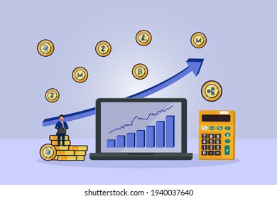Concepto de vector criptodivisa. Empresario con máscara facial mientras trabaja con el gráfico de criptografía de crecimiento en laptop para análisis de datos