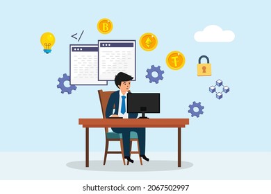 Cryptocurrency vector concept. Businessman working with computer while trading Cryptocurrency in the office