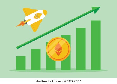 Kryptowährungsvektorkonzept. Ethereummünze mit Wachstumsdiagramm und Rakete