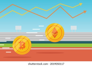 Cryptocurrency vector concept. Ethereum coin and Bitcoin in competition