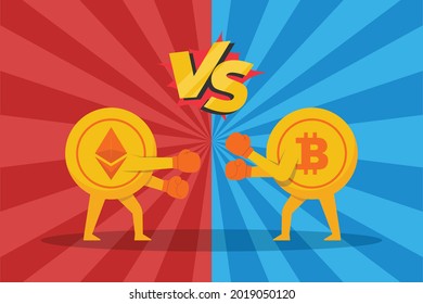 Cryptocurrency vector concept. Ethereum coin and Bitcoin in boxing competition.