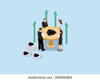 Cryptocurrency vector concept. Group of business people meeting with upward arrow and EOS symbol