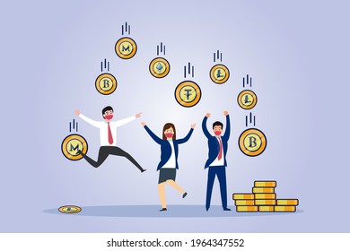 Cryptocurrency vector concept. Happy successful business people getting cryptocurrency coins