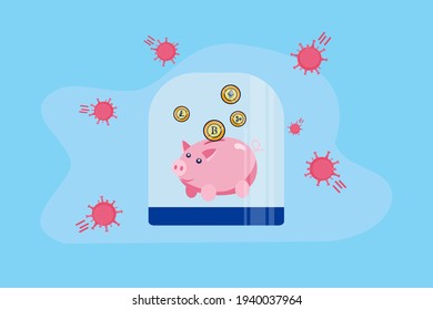 Concepto de vector criptodivisa. Banco de cerdas con monedas criptomonetarias en frasco de vidrio mientras se protege de la pandemia del coronavirus