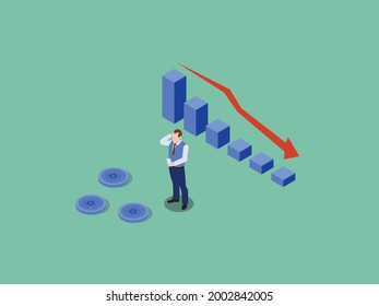 Cryptocurrency vector concept. Stressed businessman standing with declining Cardano price chart while using a mobile phone
