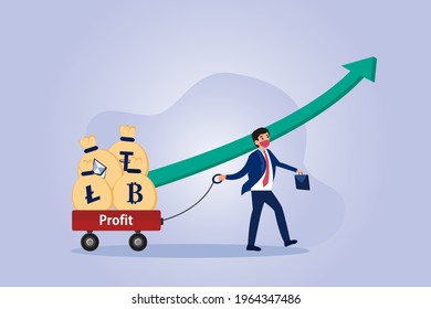 Cryptocurrency vector concept. Success businessman pulling cart with cryptocurrency coin bags and growing financial graph