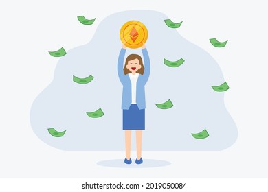 Cryptocurrency vector concept. Successful businesswoman holding Ethereum coin with falling money cash