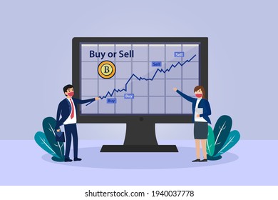 Cryptocurrency vector concept. Two business people wearing face mask while looking at the cryptocurrency rate graph with sell and buy indicator on computer screen