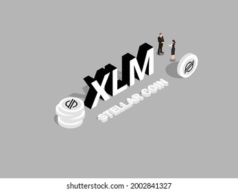 Cryptocurrency vector concept. Two business people trading Cryptocurrency while standing with Stellar coin