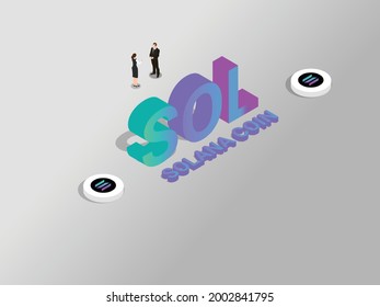 Cryptocurrency vector concept. Two business people doing Cryptocurrency investment while standing with Solana coin