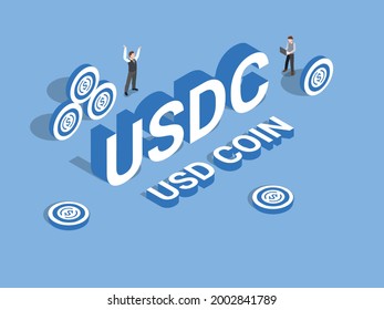 Cryptocurrency vector concept. Two businessmen trading Cryptocurrency while standing with USD coin