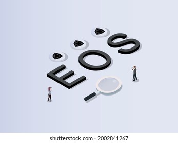Cryptocurrency vector concept. Two traders analyzing cryptocurrency value by using binoculars while standing with EOS coins