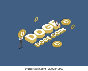 Cryptocurrency vector concept. Two traders making investments of Dogecoin while trading in Cryptocurrency
