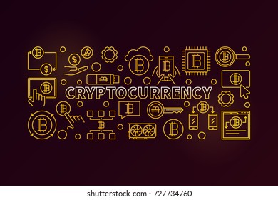 Cryptocurrency vector golden illustration - digital currency mining concept banner on dark background