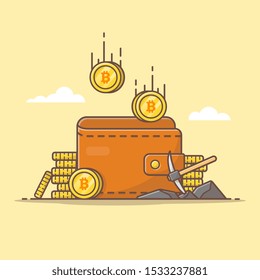 Cryptocurrency Vector Icon Illustration. Wallet And Bitcoin, Financial And Business Icon Concept White Isolated. Flat Cartoon Style Suitable for Web Landing Page, Banner, Sticker, Background