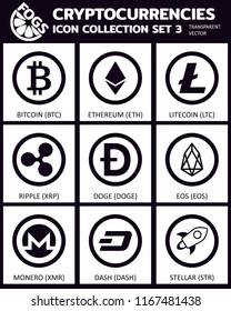 Cryptocurrency vector Icon Set : A3 Transparent icon, coin, symbols, signs, emblems Vector illustration.