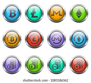 cryptocurrency vector icons on color glass buttons