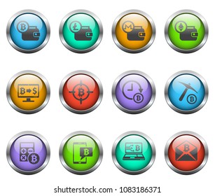 cryptocurrency vector icons on color glass buttons