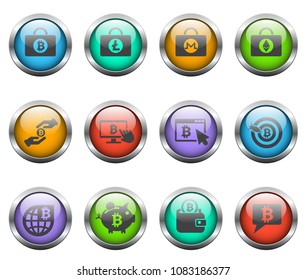 cryptocurrency vector icons on color glass buttons