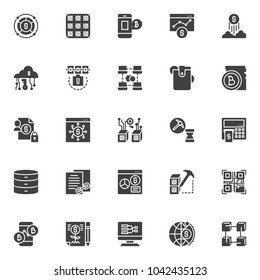 Cryptocurrency vector icons set, modern solid symbol collection, filled style pictogram pack. Signs, logo illustration. Set includes icons as  bitcoin , mining farm , exchange rates chart, blockchain