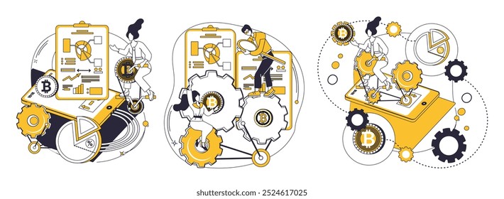 Ilustración vectorial de criptomonedas. Conceptos de Bitcoin, blockchain y criptomonedas. Formas de criptomonedas futuros paisajes financieros Inversión, jardinero, tiende a sembrar criptomonedas