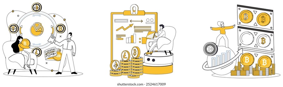 Cryptocurrency vector illustration. Business, canvas, paints masterpiece innovation as cryptocurrency becomes brushstroke progress Currency Bitcoin, blockchain and cryptocurrency concepts