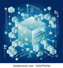 Cryptocurrency vector illustration. Digital money concept with connected Crystal block on blockchain system with blue background, bitcoin icon, dash, ethereum, ledger, hash, transaction and node.