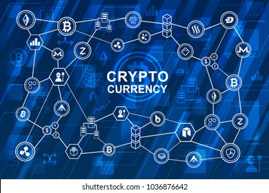 Cryptocurrency vector illustration. Digital money concept connected diagram on blockchain system with blue background, binary bitcoin icon, dash, ethereum, ledger, hash, transaction,