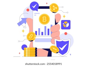 Cryptocurrency Vector Illustration featuring a Pile of Coins, Digital Currency Wallet Technology, and Cryptocurrency Bitcoin in a Flat Background