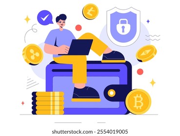 Cryptocurrency Vector Illustration featuring a Pile of Coins, Digital Currency Wallet Technology, and Cryptocurrency Bitcoin in a Flat Background