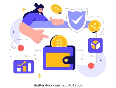Cryptocurrency Vector Illustration featuring a Pile of Coins, Digital Currency Wallet Technology, and Cryptocurrency Bitcoin in a Flat Background